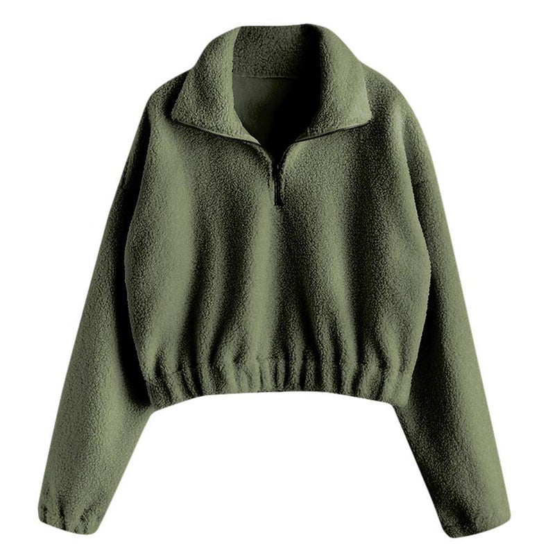 ZAFUL Women's Fashion Long Sleeve Lapel Half Zip Plain Faux Fur Sweatshirt Solid Color Crop Pullover Tops (0-Army Green,L) - Image 1